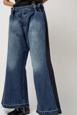 Clearance Baggy Jeans with Contrast Sidelines in Blue and Black Denim|Shorts & Pants