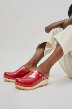 Fashion Bella Clog on Mid Wedge in Red Patent with Eyelets Collections|Clog Sandals And Shoes