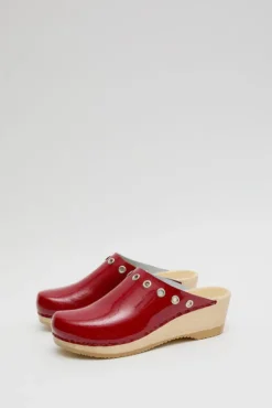 Fashion Bella Clog on Mid Wedge in Red Patent with Eyelets Collections|Clog Sandals And Shoes