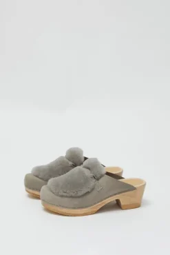 Hot Billie Fur Clog on Mid Heel in Mist Collections|Clog Sandals And Shoes