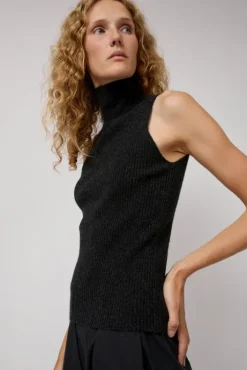 Sale Cashmere Mock Collar Rib Top in Black Melange Tops|Clothing