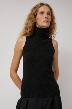 Sale Cashmere Mock Collar Rib Top in Black Melange Tops|Clothing
