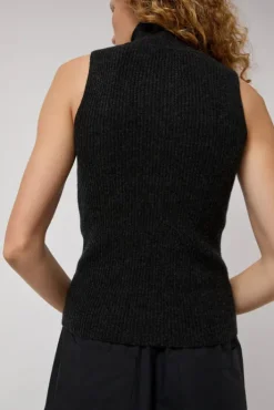 Sale Cashmere Mock Collar Rib Top in Black Melange Tops|Clothing