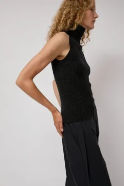 Sale Cashmere Mock Collar Rib Top in Black Melange Tops|Clothing