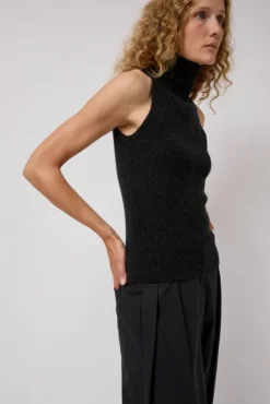 Sale Cashmere Mock Collar Rib Top in Black Melange Tops|Clothing
