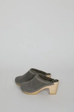 Fashion Dakota Shearling Clog on High Heel in Smoke Suede and Cloud Collections|Clog Sandals And Shoes