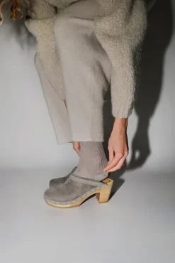 Fashion Dakota Shearling Clog on High Heel in Smoke Suede and Cloud Collections|Clog Sandals And Shoes
