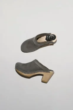 Fashion Dakota Shearling Clog on High Heel in Smoke Suede and Cloud Collections|Clog Sandals And Shoes