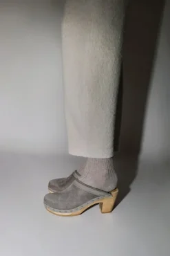 Fashion Dakota Shearling Clog on High Heel in Smoke Suede and Cloud Collections|Clog Sandals And Shoes