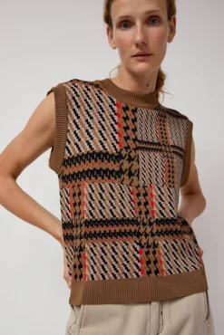 Best Dust Knitted Vest in Orange Mixed Checks Sweaters|Clothing