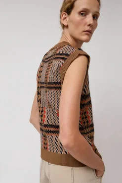 Best Dust Knitted Vest in Orange Mixed Checks Sweaters|Clothing
