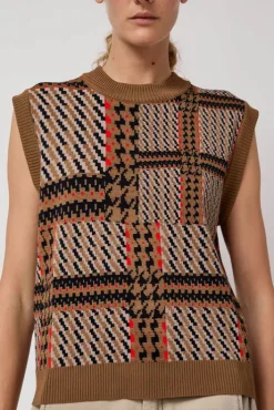 Best Dust Knitted Vest in Orange Mixed Checks Sweaters|Clothing