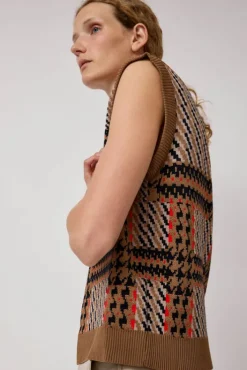 Best Dust Knitted Vest in Orange Mixed Checks Sweaters|Clothing
