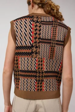 Best Dust Knitted Vest in Orange Mixed Checks Sweaters|Clothing