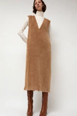 New Eco Fur Deep V Dress in Camel Dresses|Clothing