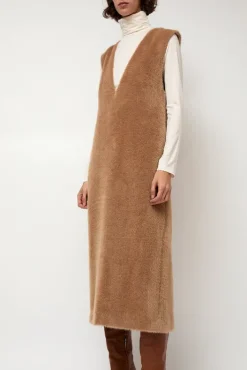 New Eco Fur Deep V Dress in Camel Dresses|Clothing