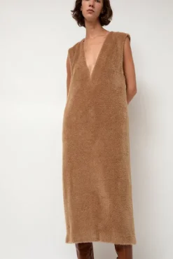 New Eco Fur Deep V Dress in Camel Dresses|Clothing