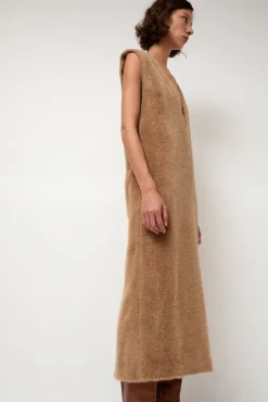 New Eco Fur Deep V Dress in Camel Dresses|Clothing