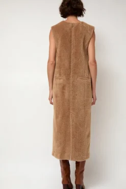 New Eco Fur Deep V Dress in Camel Dresses|Clothing