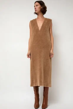 New Eco Fur Deep V Dress in Camel Dresses|Clothing