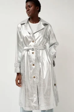 Clearance Emile Trench in Silver Faux Leather Collections|Jackets & Outerwear