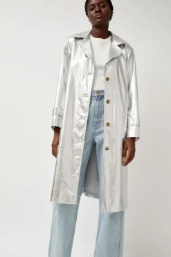 Clearance Emile Trench in Silver Faux Leather Collections|Jackets & Outerwear