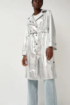 Clearance Emile Trench in Silver Faux Leather Collections|Jackets & Outerwear
