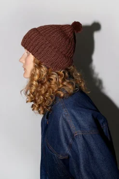 Fashion Fold Up Long Pom Pom Beanie in Dark Brown Collections|Hats