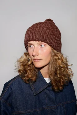 Fashion Fold Up Long Pom Pom Beanie in Dark Brown Collections|Hats