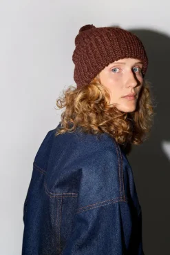 Fashion Fold Up Long Pom Pom Beanie in Dark Brown Collections|Hats