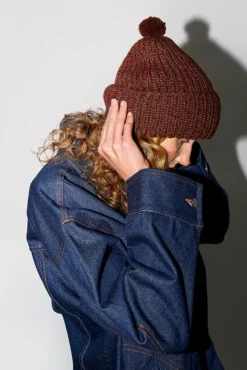Fashion Fold Up Long Pom Pom Beanie in Dark Brown Collections|Hats