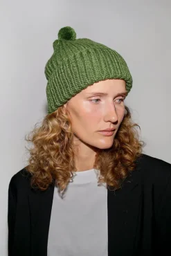 Clearance Fold Up Long Pom Pom Beanie in Grass Collections|Hats