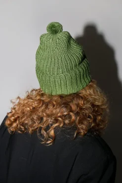 Clearance Fold Up Long Pom Pom Beanie in Grass Collections|Hats