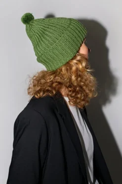 Clearance Fold Up Long Pom Pom Beanie in Grass Collections|Hats