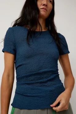 Hot Gauze Ruched Tee in Anthracite Blue Collections|Tops