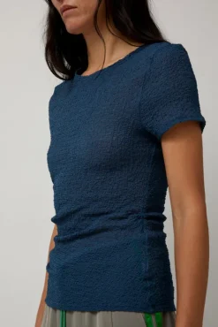 Hot Gauze Ruched Tee in Anthracite Blue Collections|Tops