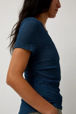 Hot Gauze Ruched Tee in Anthracite Blue Collections|Tops