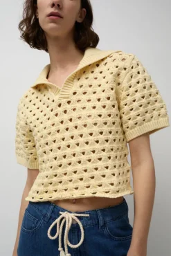 Fashion Knitted Short Sleeve Polo in Eggshell Collections|Sweaters