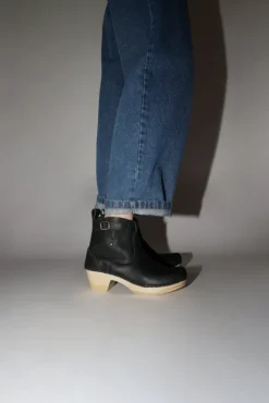 Online 5" Leather Clog Buckle Boot on Mid Heel in Black Collections|Clog Boots