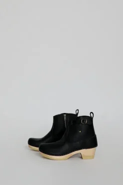 Online 5" Leather Clog Buckle Boot on Mid Heel in Black Collections|Clog Boots