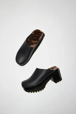 New Liza Clog on Mid Tread in Black with Zebra Shearling on Black Base Collections|Clog Sandals And Shoes