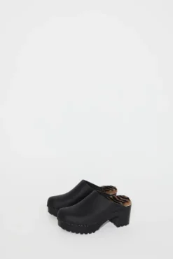 New Liza Clog on Mid Tread in Black with Zebra Shearling on Black Base Collections|Clog Sandals And Shoes