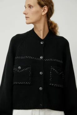 Discount Merino Wool Stitched Cardigan in Black Collections|Sweaters