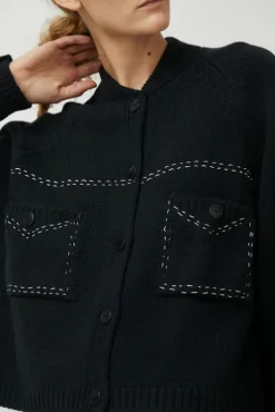Discount Merino Wool Stitched Cardigan in Black Collections|Sweaters