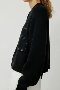 Discount Merino Wool Stitched Cardigan in Black Collections|Sweaters