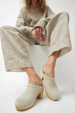 Fashion Old School Clog on High Heel in Chalk Suede Collections|Clog Sandals And Shoes