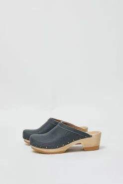 Outlet Old School Studded Clog on Mid Heel in Denim Printed Leather Collections|Clog Sandals And Shoes