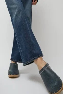 Outlet Old School Studded Clog on Mid Heel in Denim Printed Leather Collections|Clog Sandals And Shoes