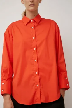 Fashion Oversize Cotton Shirt in Coral Tops|Clothing