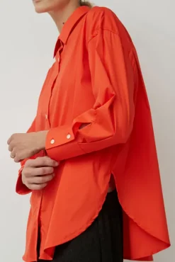 Fashion Oversize Cotton Shirt in Coral Tops|Clothing